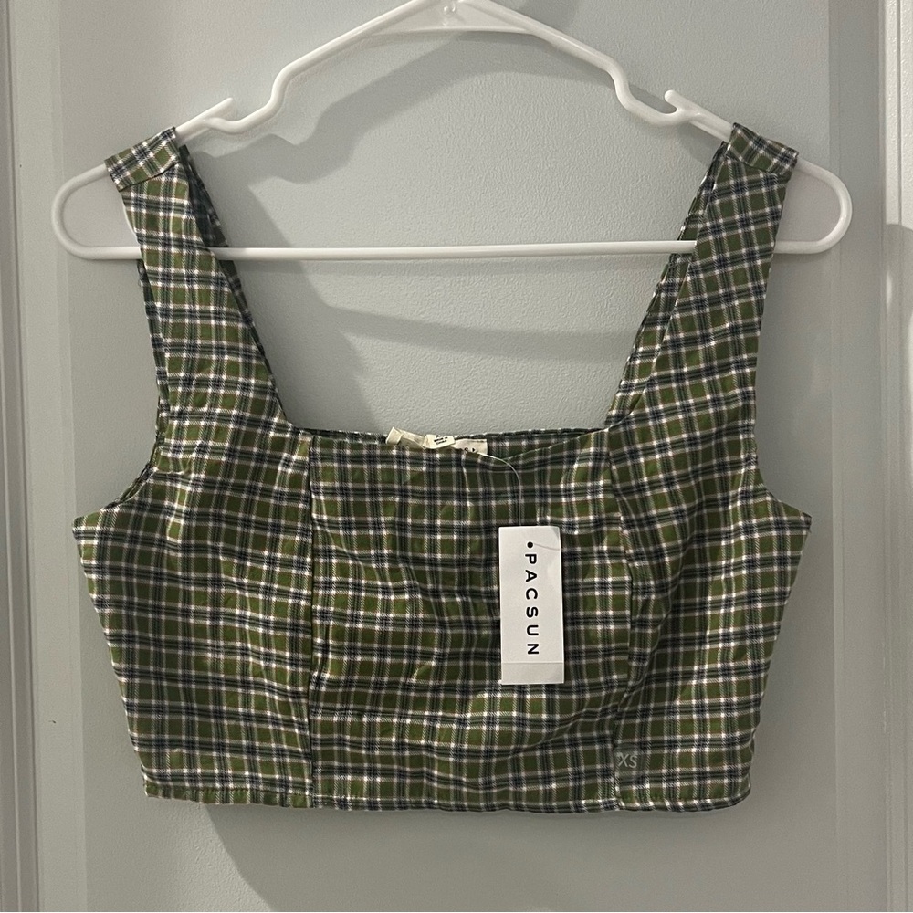 Pacsun La Hearts Green and White Plaid Crop Tank Top